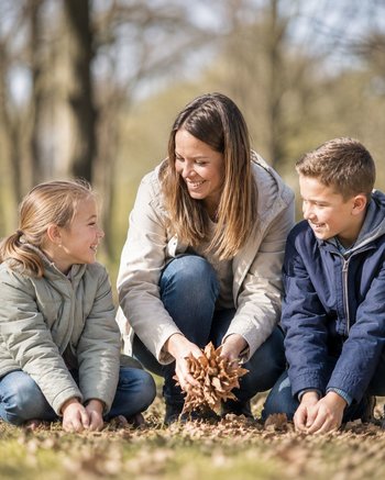 Mutter im Wald ist für Ihre Kinder da und kümmert sich